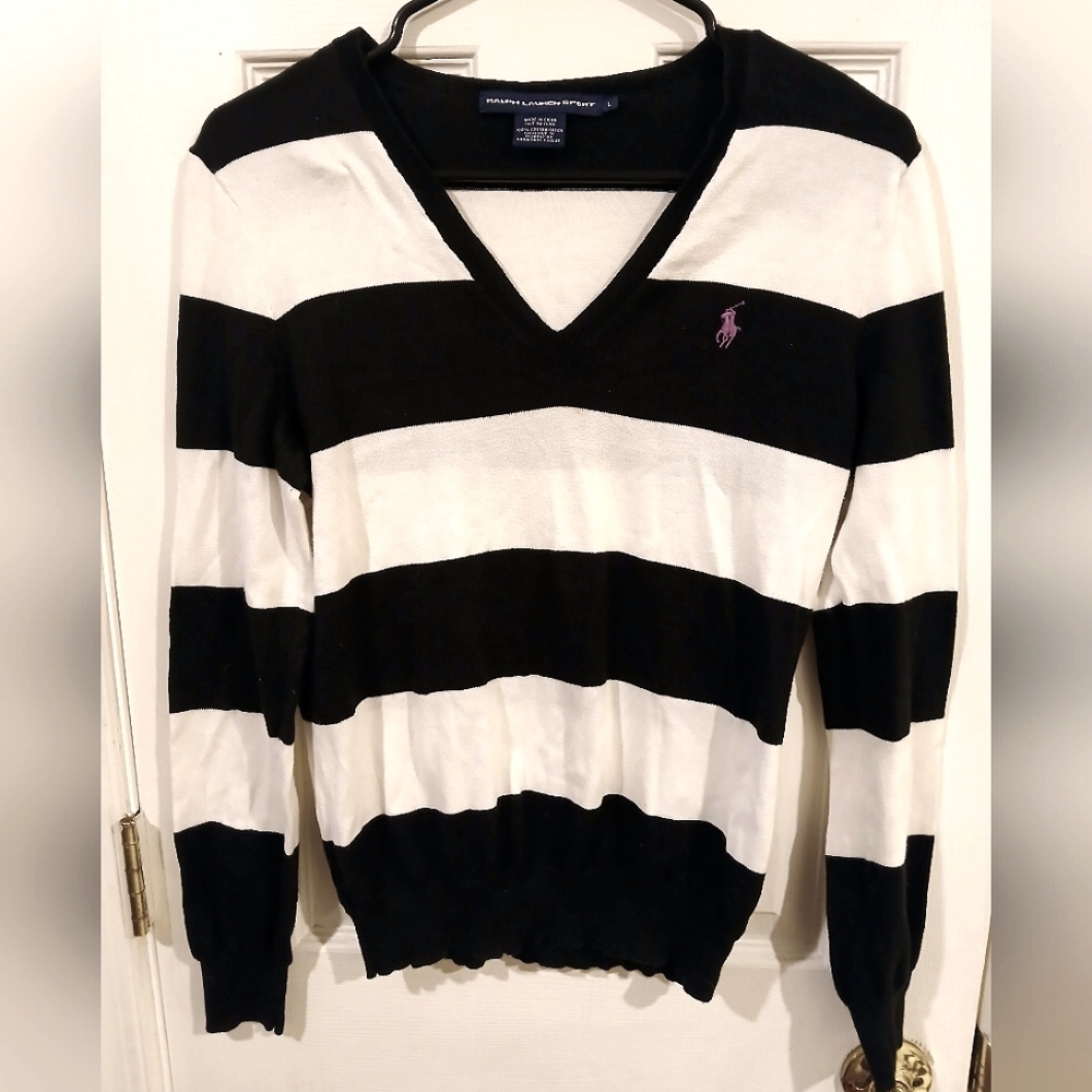 Vintage Ralph Lauren Sport Black And White Stripe Lightweight V Neck Sweater